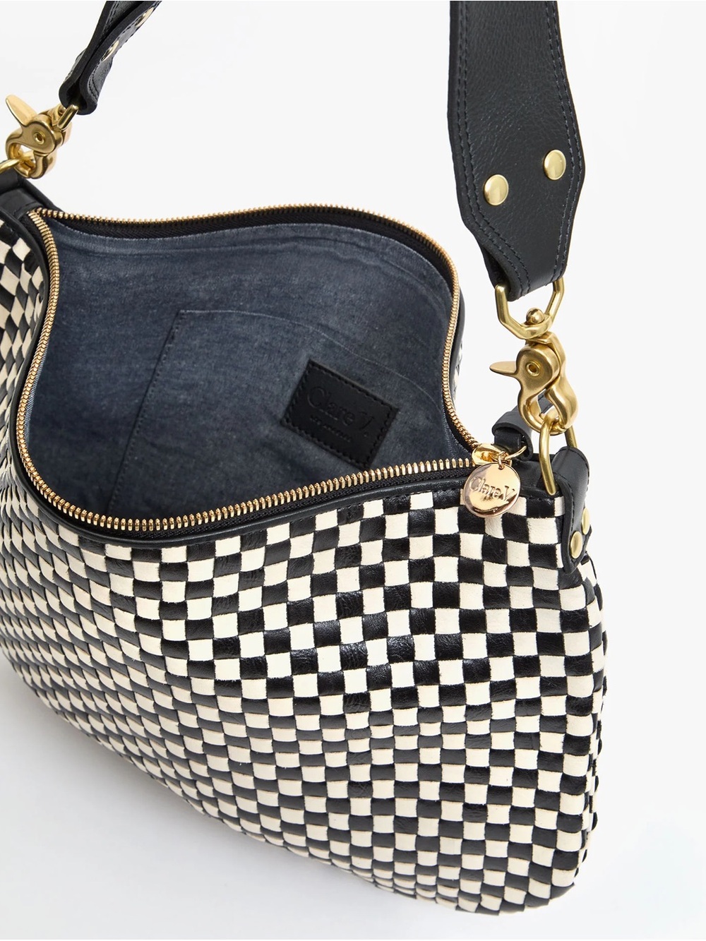 Clare V Moyen Messenger Bag Cream Black Woven Check